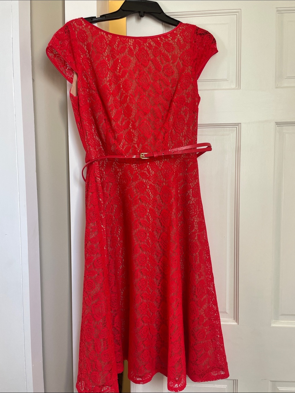Evan Picone Red Lace Midi Dress with Belt - Picture 1 of 3